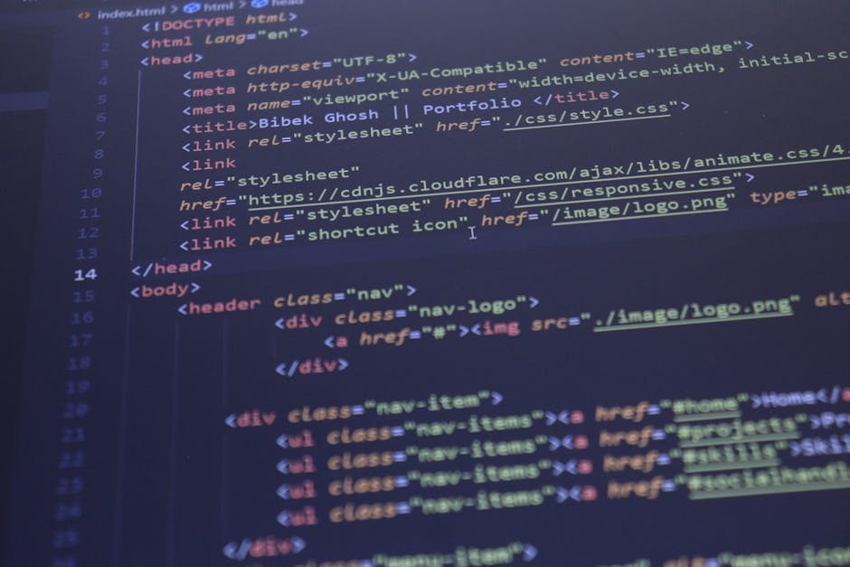Close-up view of HTML and CSS code displayed on a computer screen, ideal for programming and technology themes